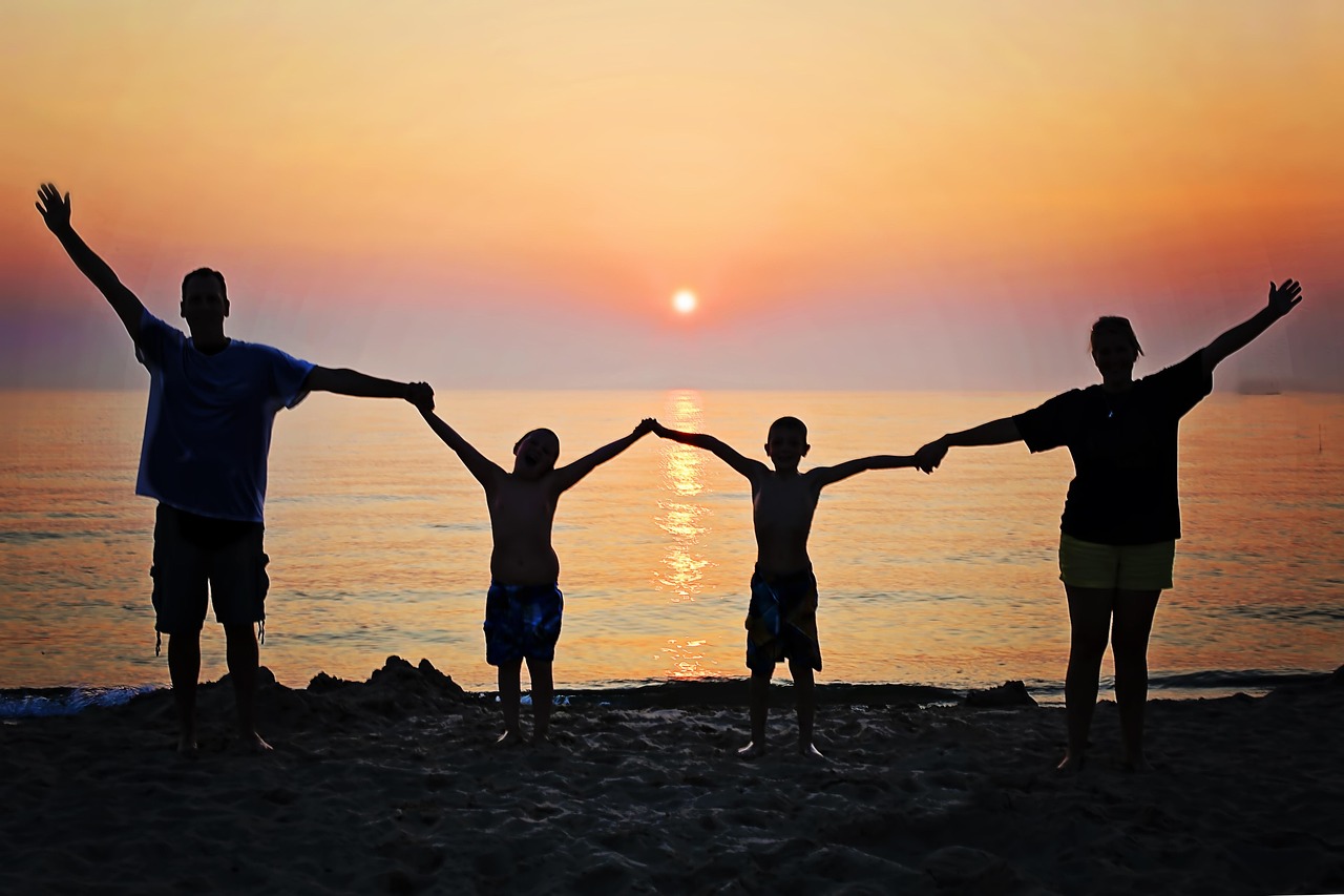 family, sunset, beach, nature, happiness, summer, happy, freedom, silhouette, vacation, joy, bliss, together, holding hands